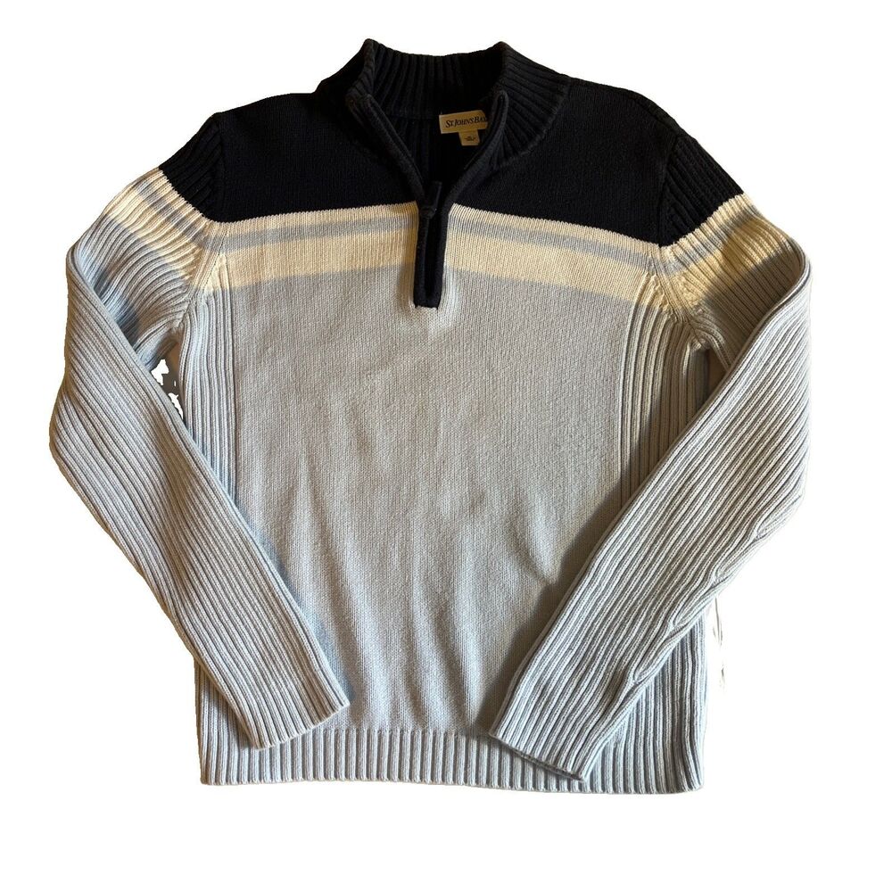 Y2K St Johns Bay Cotton Sweater Womens M Blue White Striped Knit 1/4 Zip Coastal